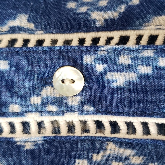 Fever Cap Sleeve Blue and White Button Front Top with Ruffle, Small - Picture 7 of 8